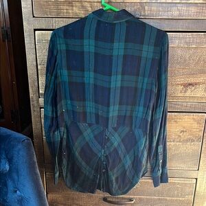 Ladies Lucky Brand Green and Blue Plaid Shirt with Split Back